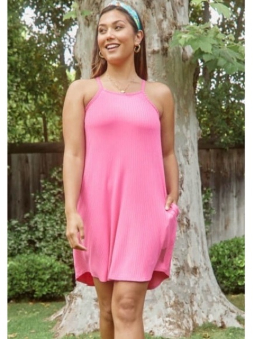 Shebird Luxe Stretch Rib Sleeveless Bra-Lined Swing Vacay Mini Dress Pink Medium